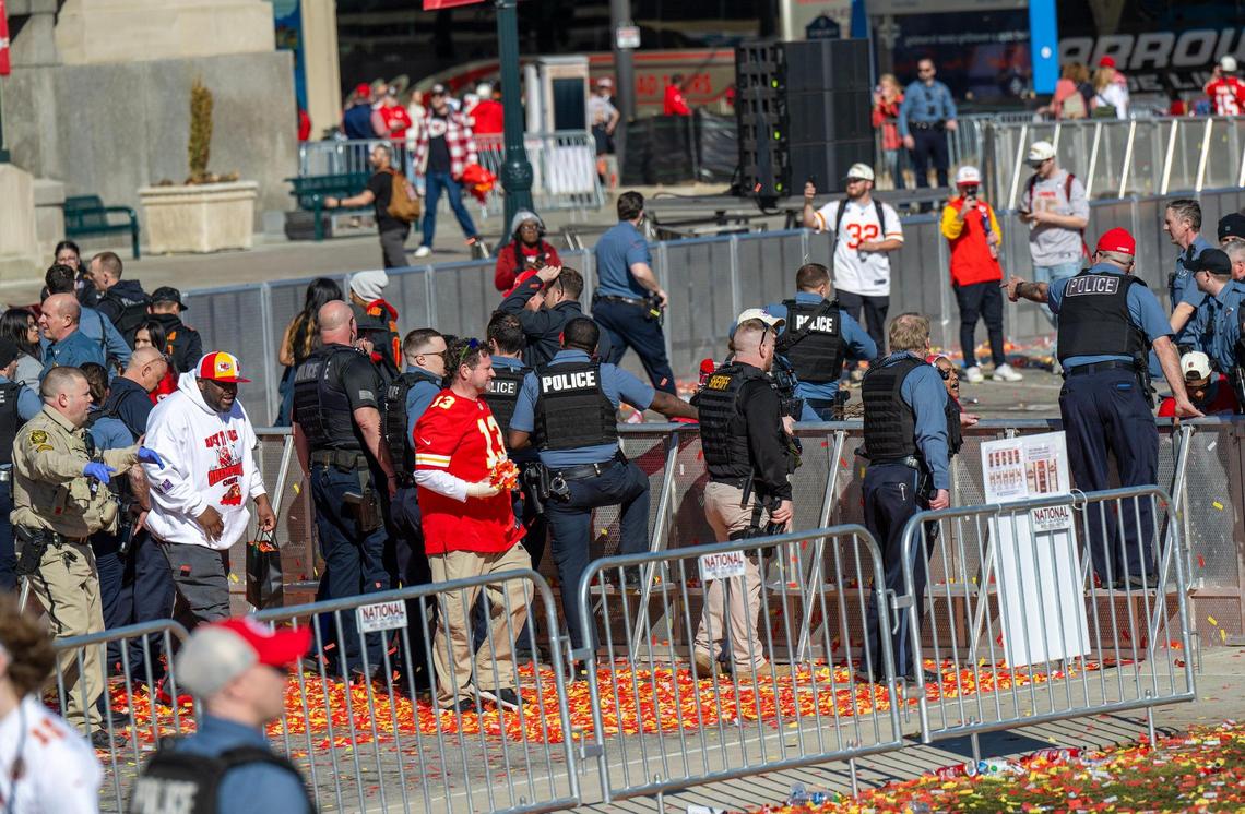 Fans fled and police arrived after shots were fired at the Kansas City Chiefs Super Bowl LVIII championship rally on Wednesday, Feb. 14, 2024, at Union Station in Kansas City.