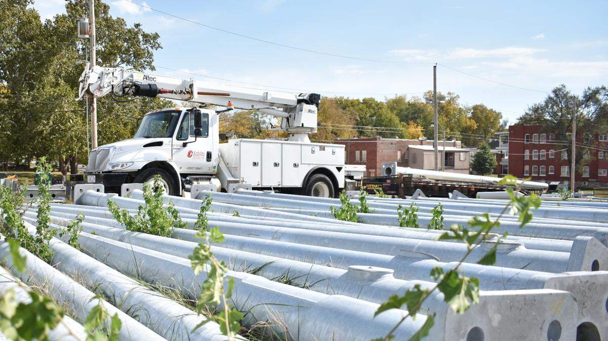 A Capital Electric work truck is seen at the KC Streetcar Expansion staging area at the corner of 33rd Street and Southwest Trafficway on Monday, October 23, 2023.