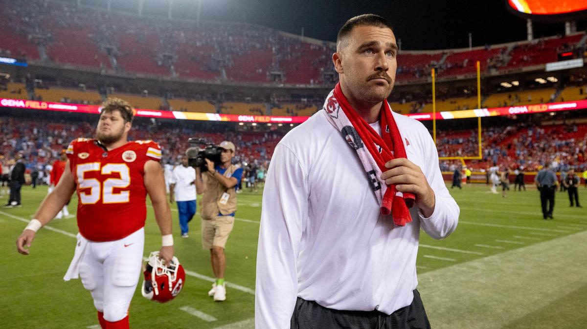 Kansas City Chiefs tight end Travis Kelce exits the field after the Detroit Lions defeated the Chiefs 21-20 in an NFL football game on Thursday, Sept. 7, 2023, in Kansas City.