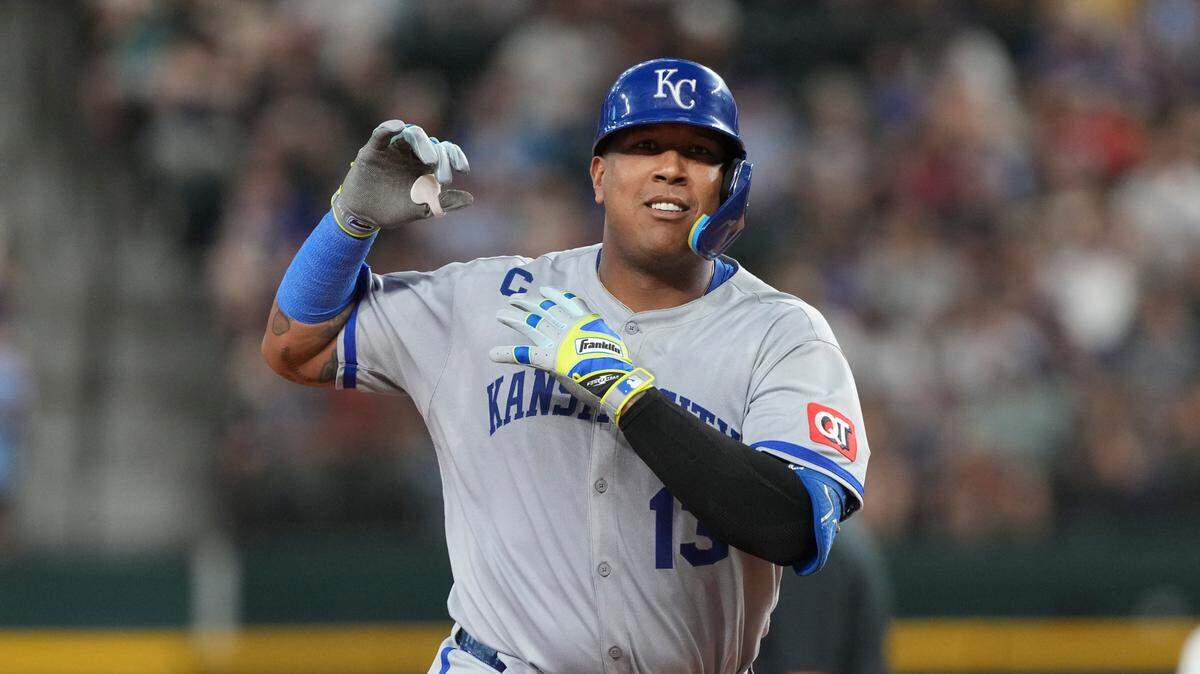 Kansas City Royals catcher Salvador Perez (13) gestures while rounding the bases on his two-run home run against the Texas Rangers during the first inning at Globe Life Field on June 17, 2025.