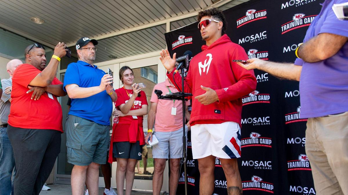 Kansas City Chiefs quarterback Patrick Mahomes speaks to reporters at Missouri Western State University during the first day of training camp on Tuesday, July 18, 2023, in St. Joseph, Mo.
