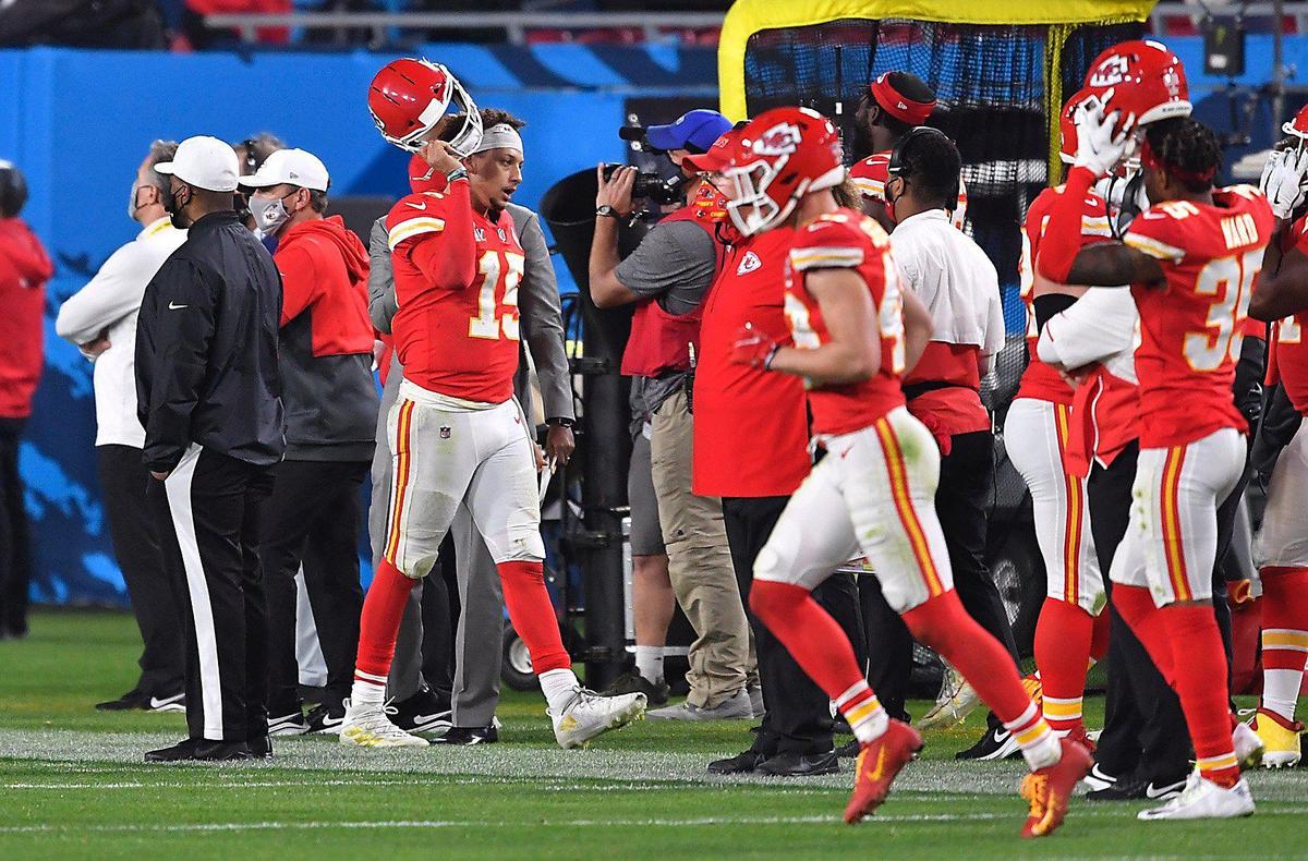 Kansas City Chiefs quarterback Patrick Mahomes walks to the sideline after throwing an interception on the ChiefsÕ final possession of the game Sunday, February 7, 2021, at Super Bowl LV at Raymond James Stadium in Tampa, Florida.