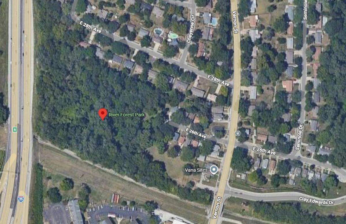 This Google Maps screenshot shows the location of River Forest Park just west of the NKC Health campus.