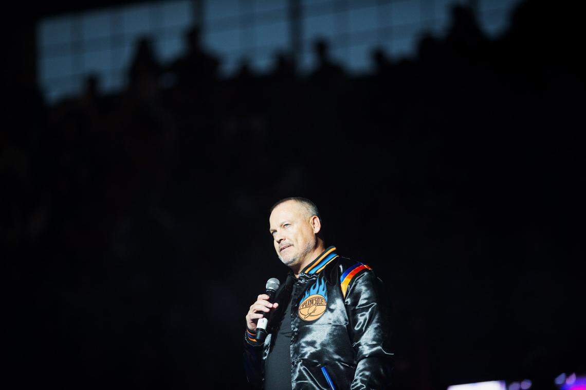 KU Women’s basketball head coach Brandon Schneider speaks to fans during Late Night in the Phog on Friday, Oct. 6, 2023, at Allen Fieldhouse in Lawrence. Schneider has been the head coach for the team since 2015.