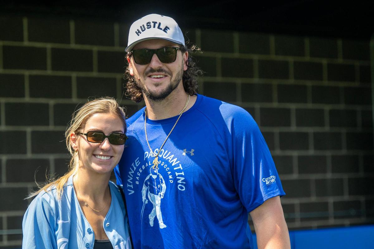 Kansas City Royals first baseman Vinnie Pasquantino and his wife, Ryann Pasquantino, who stopped by the Vinnie Pasquantino Baseball ProCamp at Grandview High School on Thursday, July 10, 2025, in Grandview, Missouri.