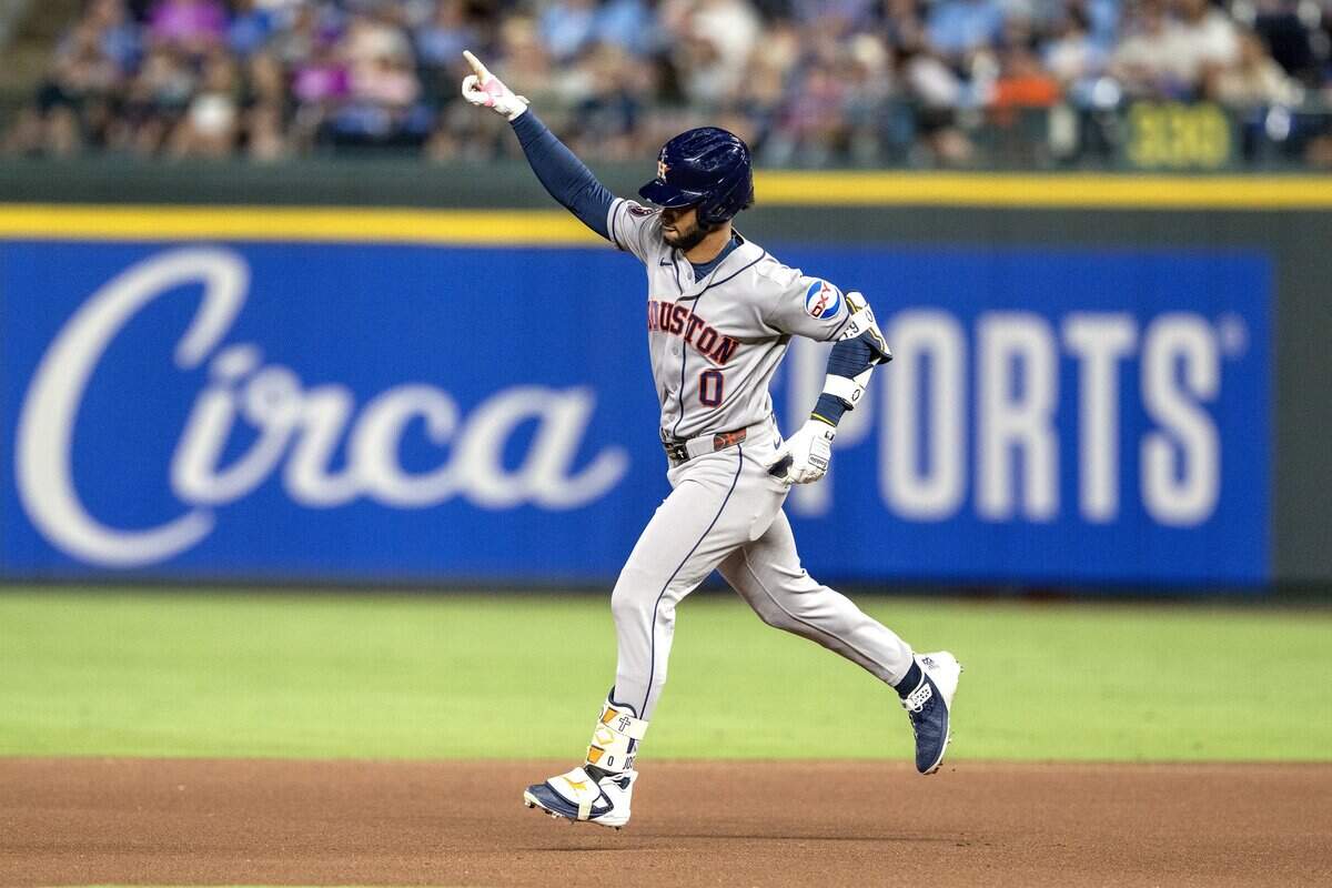 Houston Astros center fielder Brice Matthews (0) celebrates a home run in the ninth inning against the Kansas City Royals on Friday, June 12, 2026, at Kauffman Stadium in Kansas City.