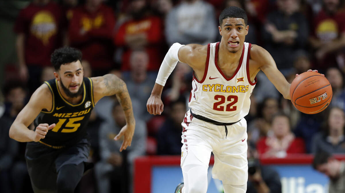 Iowa State guard Tyrese Hailburton (right) took the ball up the court after stealing the ball from Missouri guard Jordan Geist (left) in Friday night’s game in Ames, Iowa.