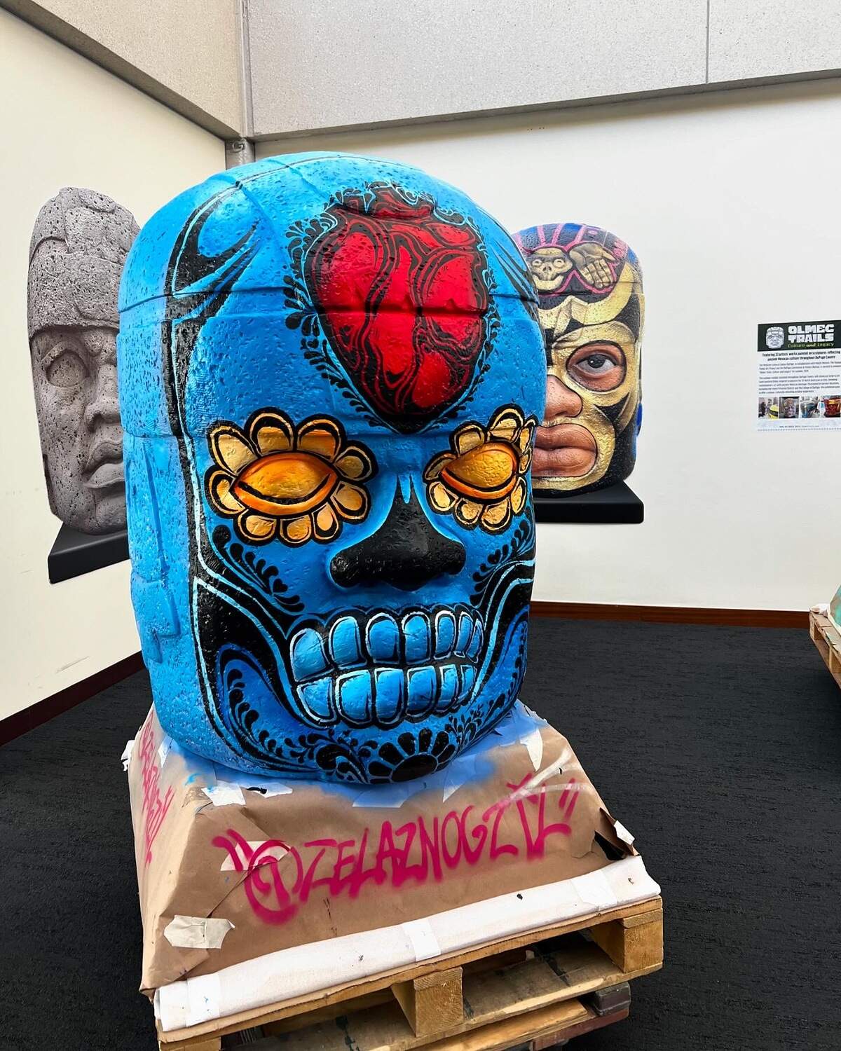 The Olmec head Gonzalez painted for a public art project in Chicago in 2024.