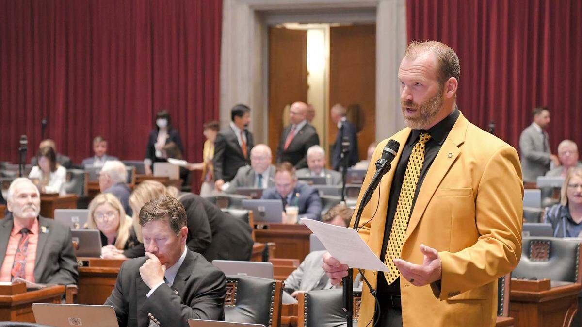 Missouri Rep. Kurtis Gregory, a Marshall Republican, presents a resolution poking fun at the University of Kansas on May 13, 2024.
