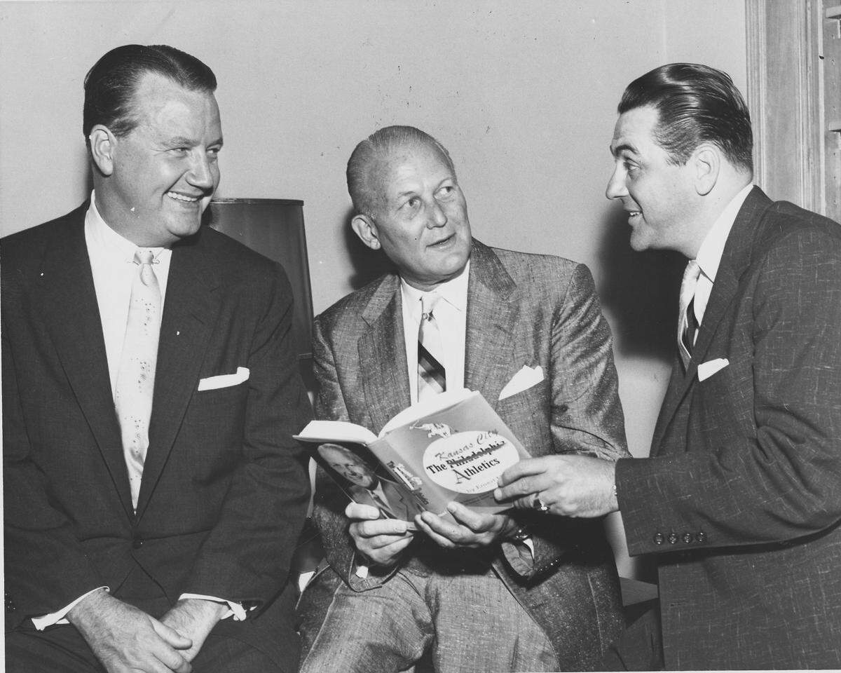 Pictured from left to right in 1956 are Arnold Johnson, who purchased the Philadelphia A’s from the Mack family and moved the franchise to Kansas City; then-KC Star sports editor Ernie Mehl; and shortstop Lou Boudreau.