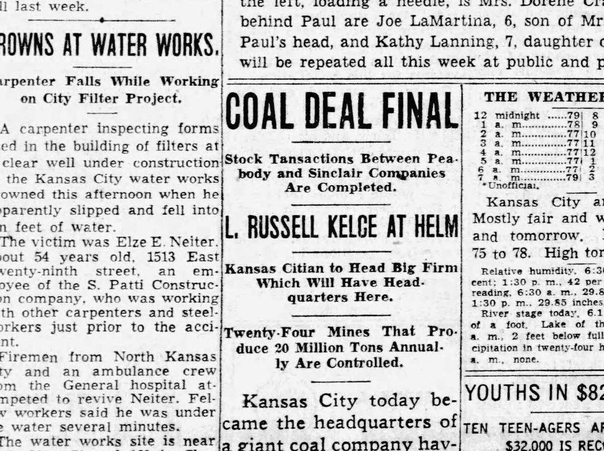 A headline in The Kansas City Star told of Kelce’s role in the merger of two major coal mining companies.