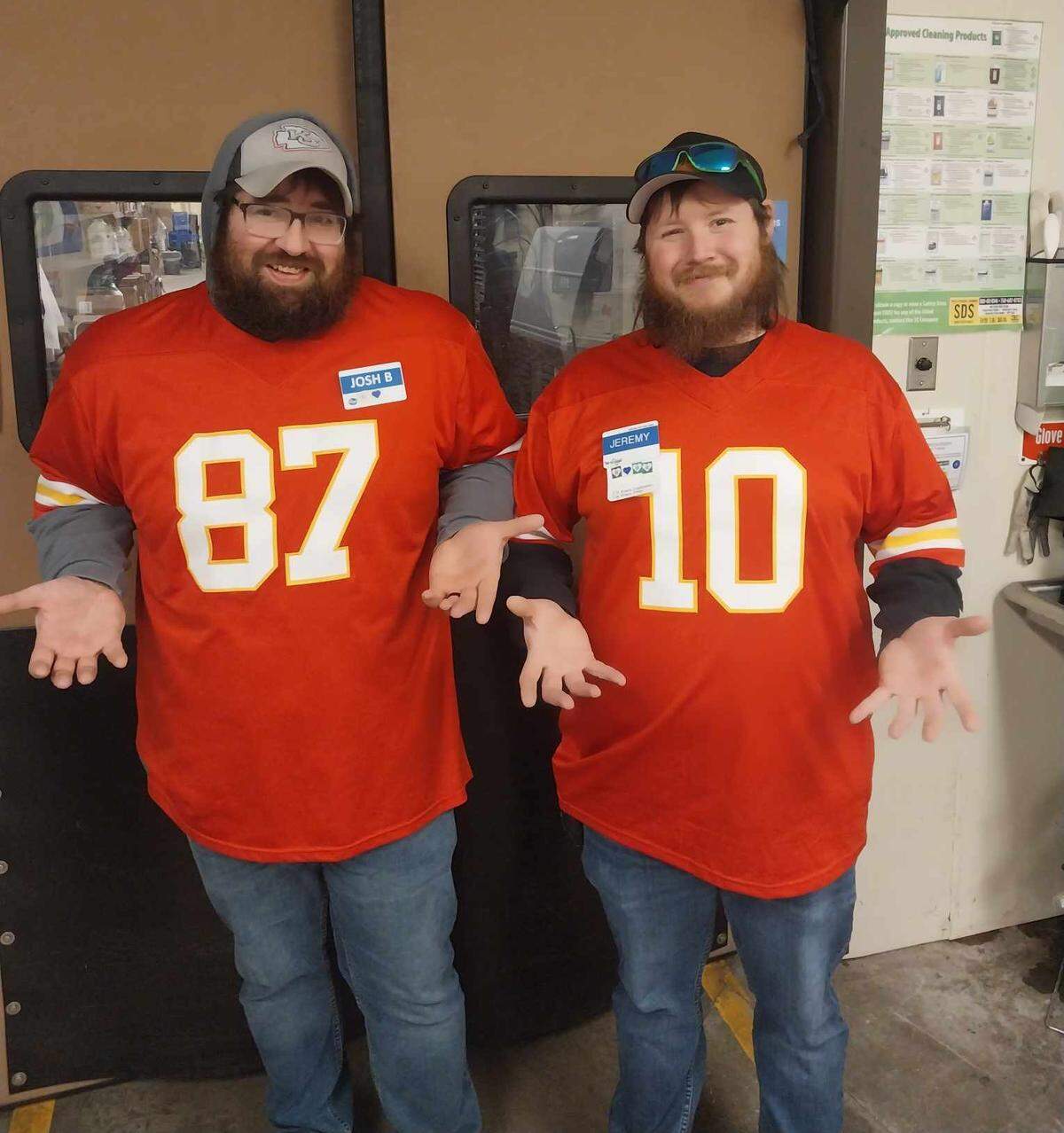 Jennifer Bryant of Pine Knot, Kentucky, said the Chiefs have earned her family’s respect. She shared a picture of her husband Josh (left)n and his brother Jeremy supporting our Chiefs even at work at Kroger.