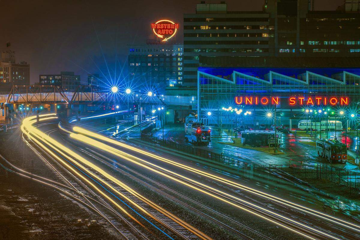 Western Auto sign seen from the train tracks near Union Station.