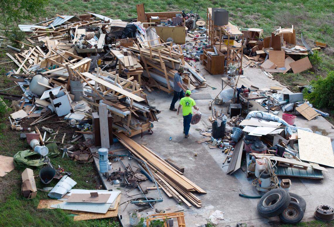 Cleanup efforts were underway in Clinton Missouri, on Wednesday, April 16, 2026, after a tornado destroyed a storage building in Henry County on Tuesday. Crews were sorting through the remains of a large storage building.