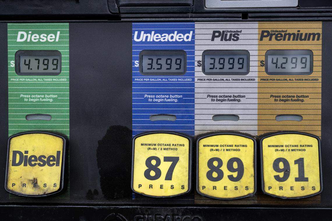 A gas pump displays fuel prices for the QuikTrip gas station at 6835 Truman Rd., on Thursday, April 23, 2026, in Kansas City.