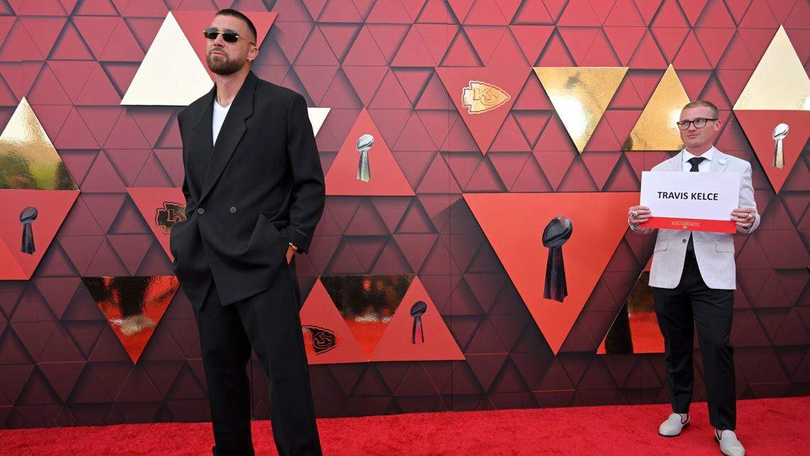 Kansas City Chiefs tight end Travis Kelce on the red carpet at Union Station for the Super Bowl LVII championship ring ceremony on Thursday, June 15, 2023, in Kansas City.