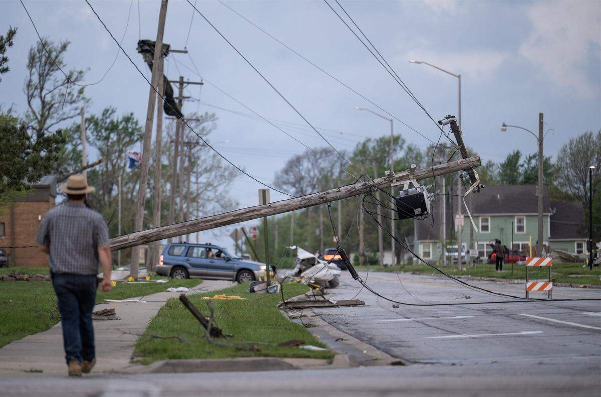 Damage was visible near 16oo South Main St., Tuesday, April 14, 2026, in Ottawa, Kansas, after a tornado moved through the town Monday night. No injuries were reported in Ottawa.