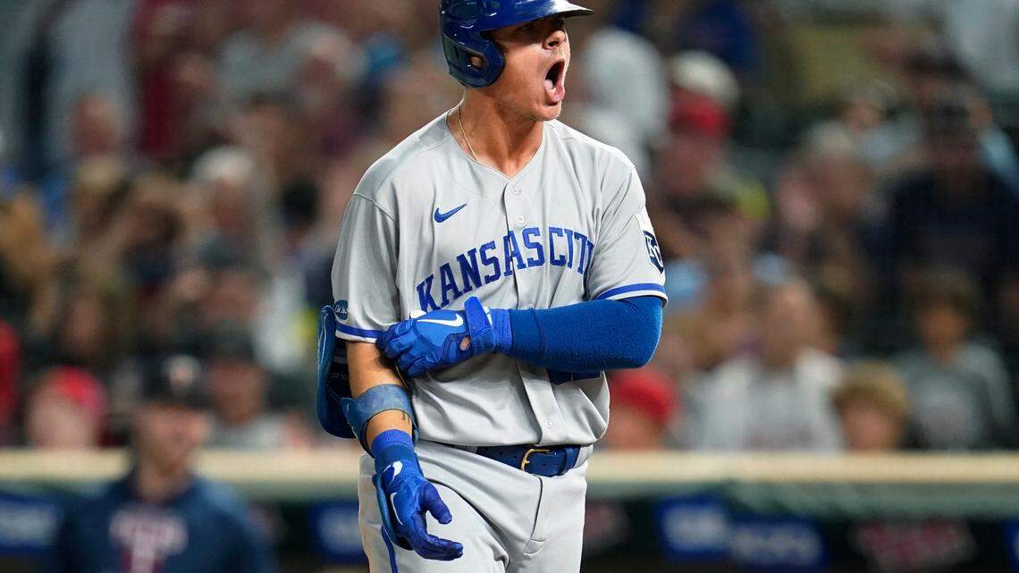 Kansas City Royals’ Nick Pratto reacts after striking out looking against the Minnesota Twins during the seventh inning of a baseball game Tuesday, Aug. 16, 2022, in Minneapolis. (AP Photo/Abbie Parr)