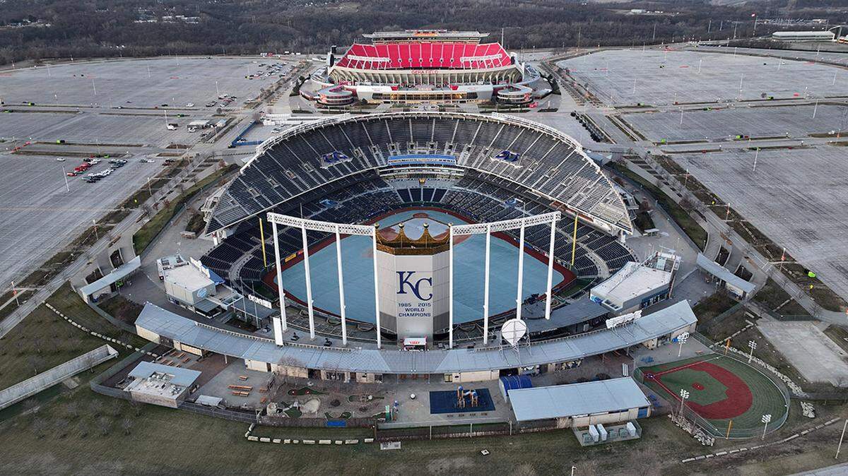 Feb 14, 2024; Kansas City, MO, USA; A general overall aerial view of Kauffman Stadium (foreground) and Arrowhead Stadium at the Truman Sports Complex. Mandatory Credit: Kirby Lee-USA TODAY Sports