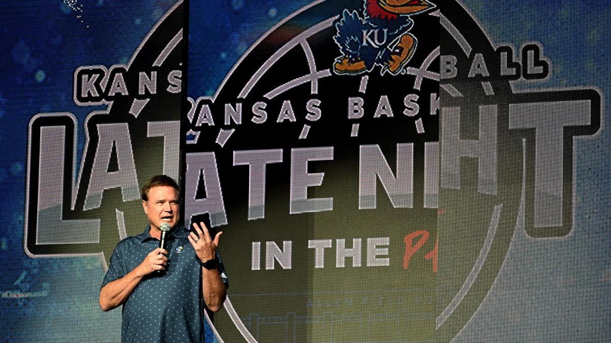 Kansas coach Bill Self speaks to a packed house during late Night in the Phog, Friday at Allen Fieldhouse. The annual event marks the beginning of another college basketball season for the Jayhawks.