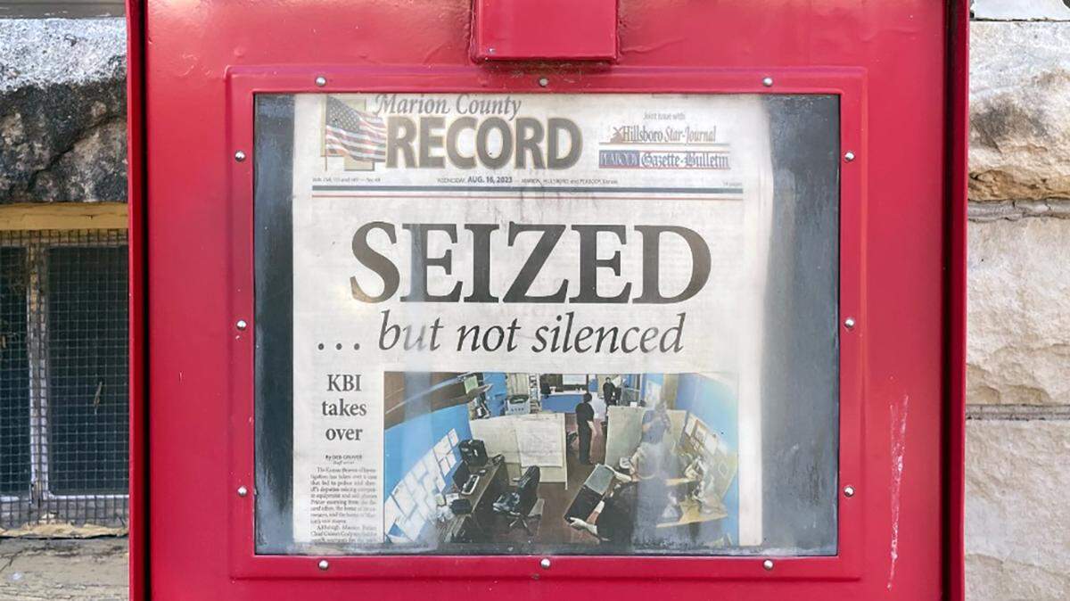 The front page of the Marion County record read “SEIZED...but not silenced” on Wednesday, Aug. 16, 2023, after the newspaper was raided by police days before.