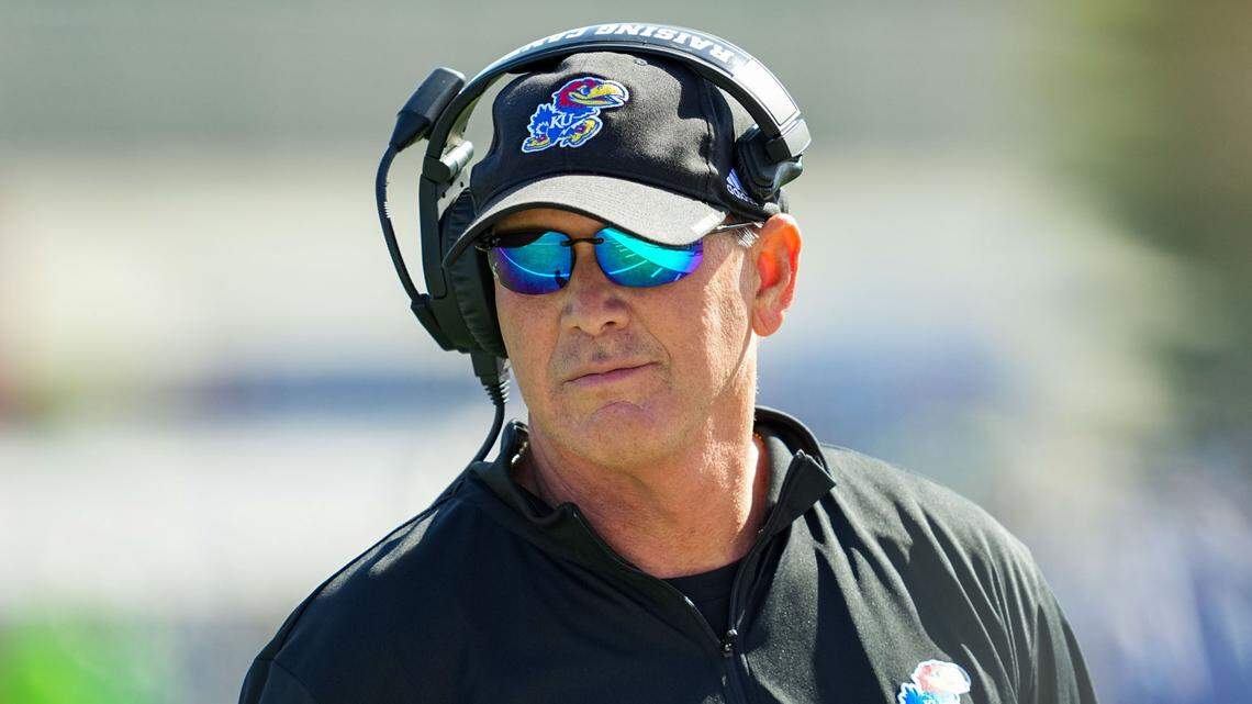 Kansas Jayhawks head coach Lance Leipold looks on during the second half against the TCU Horned Frogs at David Booth Kansas Memorial Stadium on Oct. 8, 2022.