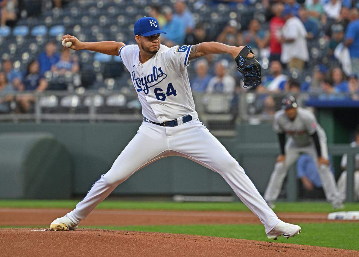 Kansas City Royals starting pitcher Steven Cruz (64) delivers a pitch in the first inning against the Cleveland Guardians at Kauffman Stadium on Sept. 19, 2023.
