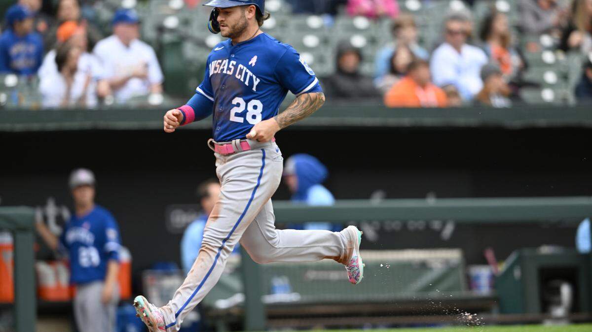 Kansas City Royals Kyle Isabel scores against the Baltimore Orioles during the fifth inning of Sunday’s game. The Royals won the opener of the doubleheader 6-4.