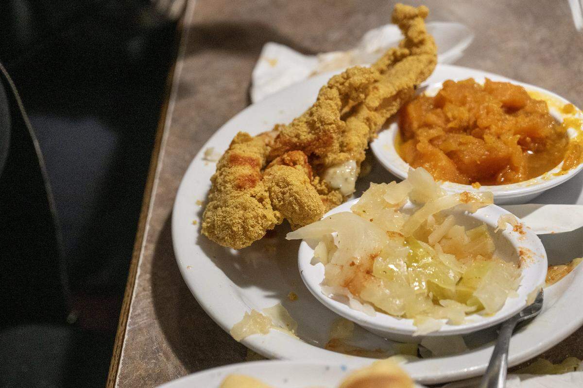A plate of fried catfish and fixings at Niecie's Restaurant on Feb. 6, 2026. The Kansas City landmark has been serving patrons for the past 40 years.