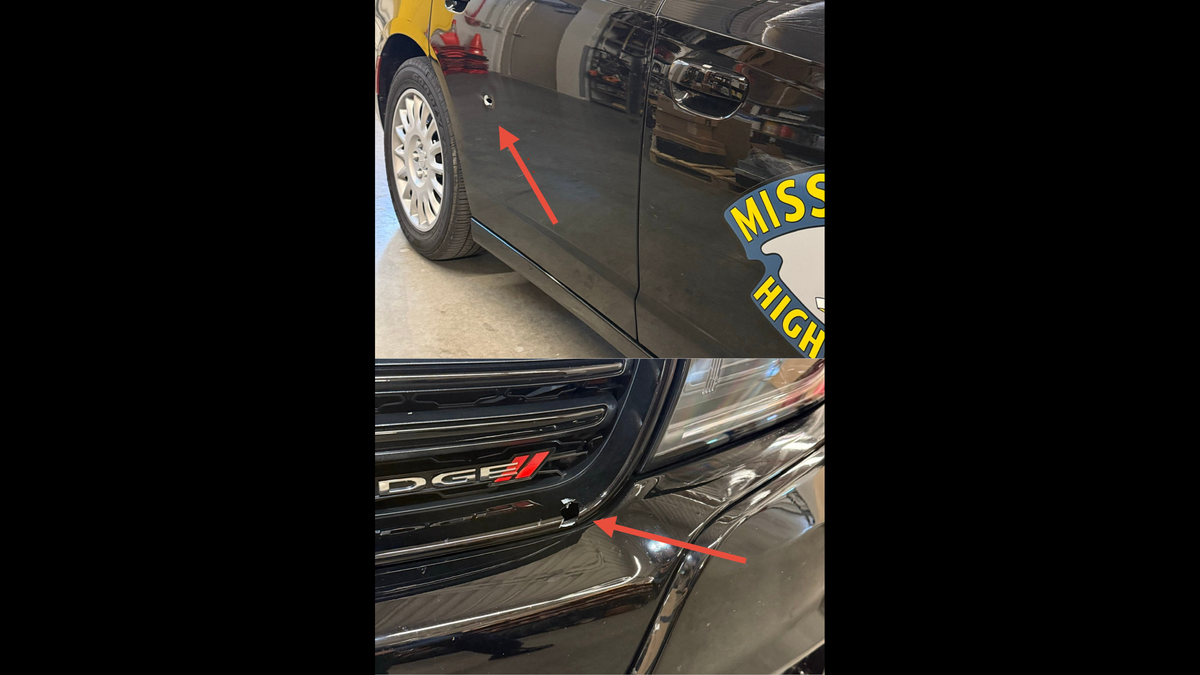 A Missouri State Highway Patrol vehicle is marked by bullet holes after a vehicle chase across Kansas City in which passengers allegedly shot at troopers, which ended with the arrest of three adults and a juvenile on Monday, Nov. 17.