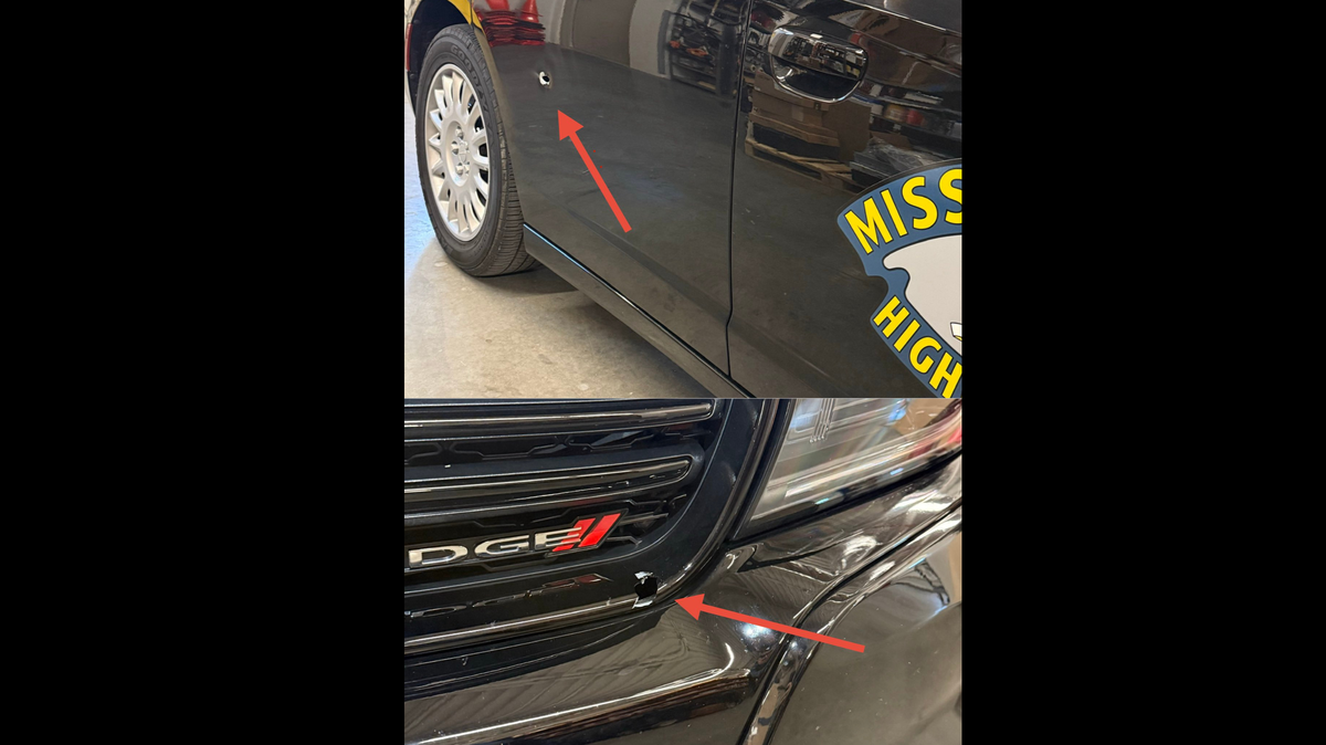 A Missouri State Highway Patrol vehicle is marked by bullet holes after a vehicle chase across Kansas City in which passengers allegedly shot at troopers, which ended with the arrest of three adults and a juvenile on Monday, Nov. 17.