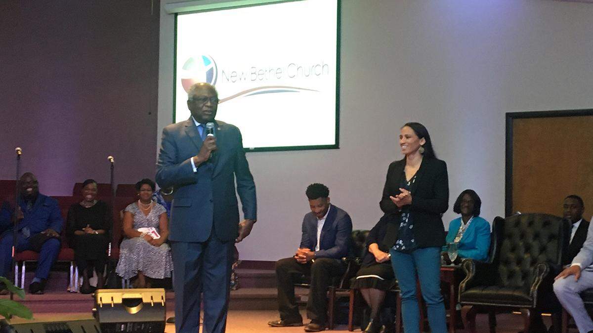 U.S. Rep. James Clyburn of South Carolina (left) and Sharice Davids at New Bethel Church in Kansas City, Kan., Sunday