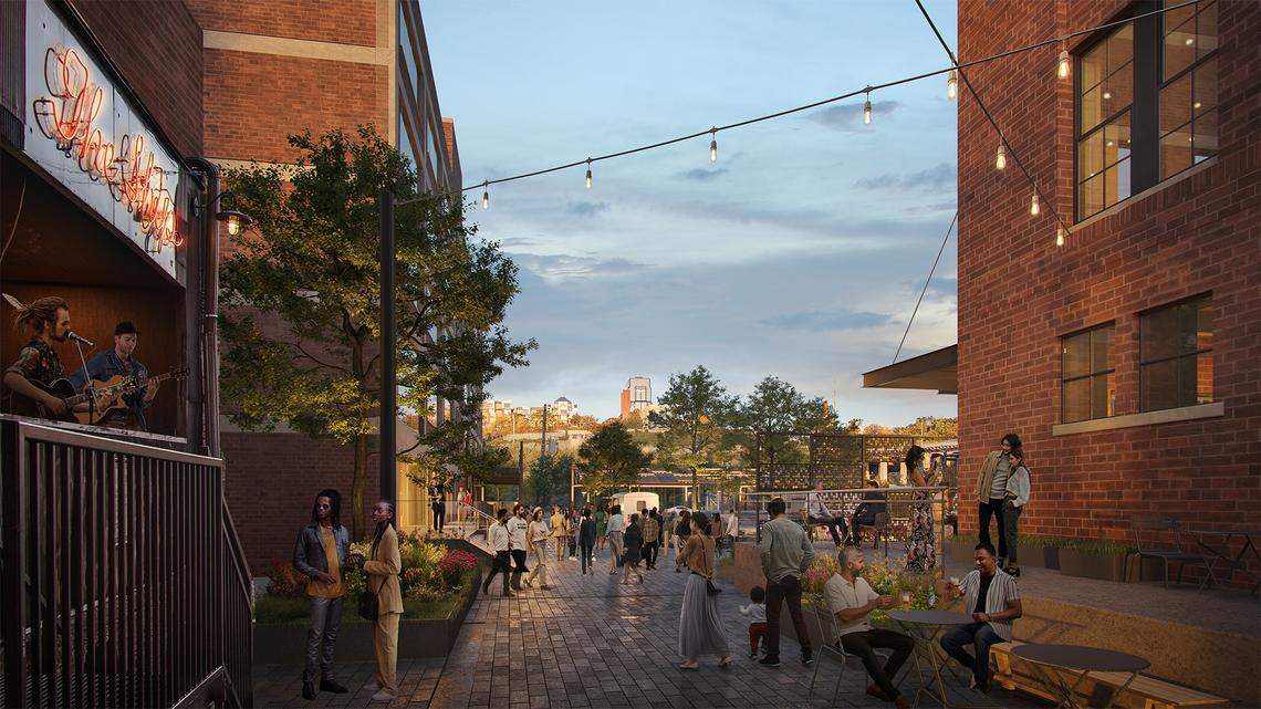 A view to the east down the pedestrian walkway at the rear of The Ship restaurant and bar, 1217 Union Ave., looking from Mulberry Street down the alley to Santa Fe Street.