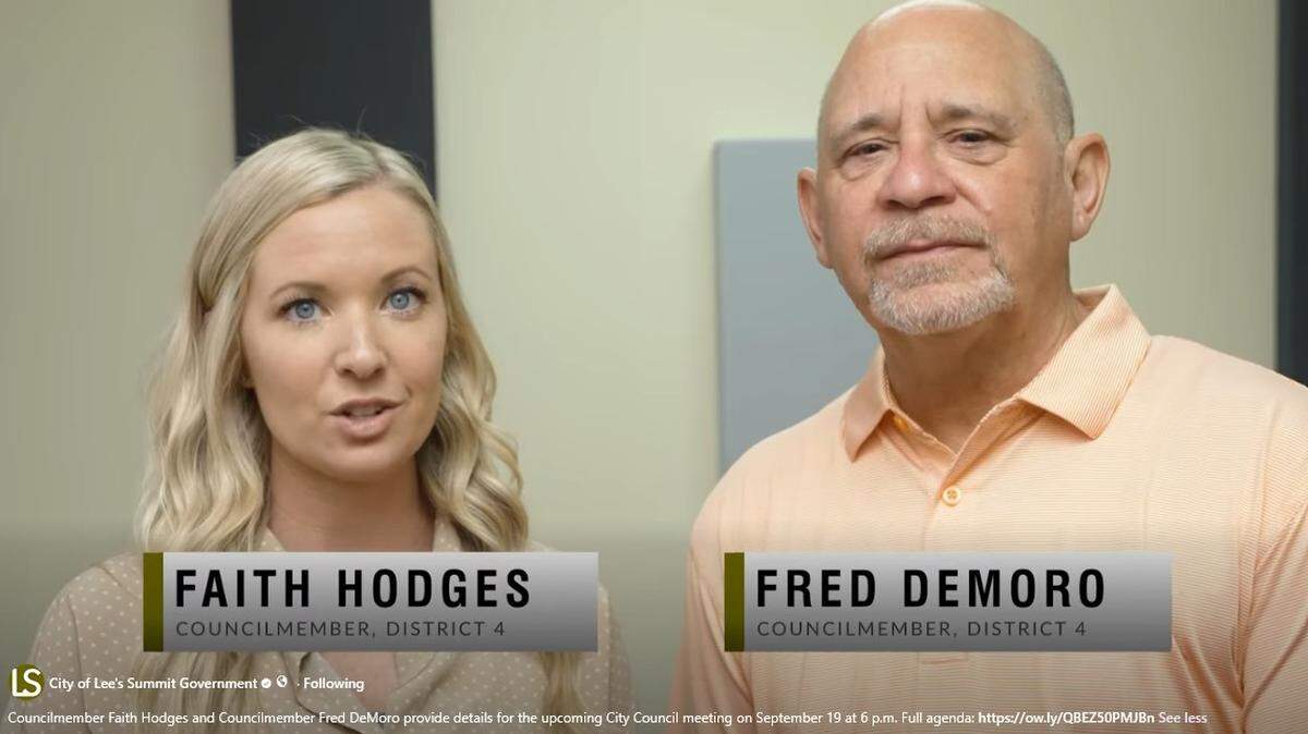 Council member Faith Hodges and former council member Fred DeMoro appear in a 2023 video posted on the Lee’s Summit’s Facebook page. Hodges has alleged that DeMoro sexually harassed her and that the situation led to his resignation in 2024.