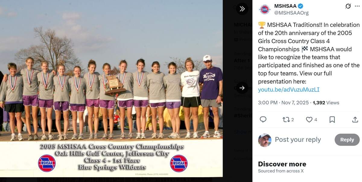 Blue Springs won the Missouri Class 4 girls state cross country championship on Friday, Nov. 7, 2025, at the Gans Creek Cross Country Course in Columbia.