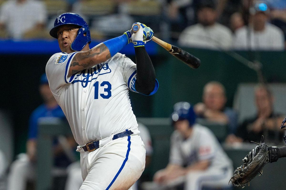 Kansas City Royals captain Salvador Perez (13), who played first base Tuesday, bats in the eighth inning of the game against the New York Yankees on June 10, 2025, at Kauffman Stadium in Kansas City.