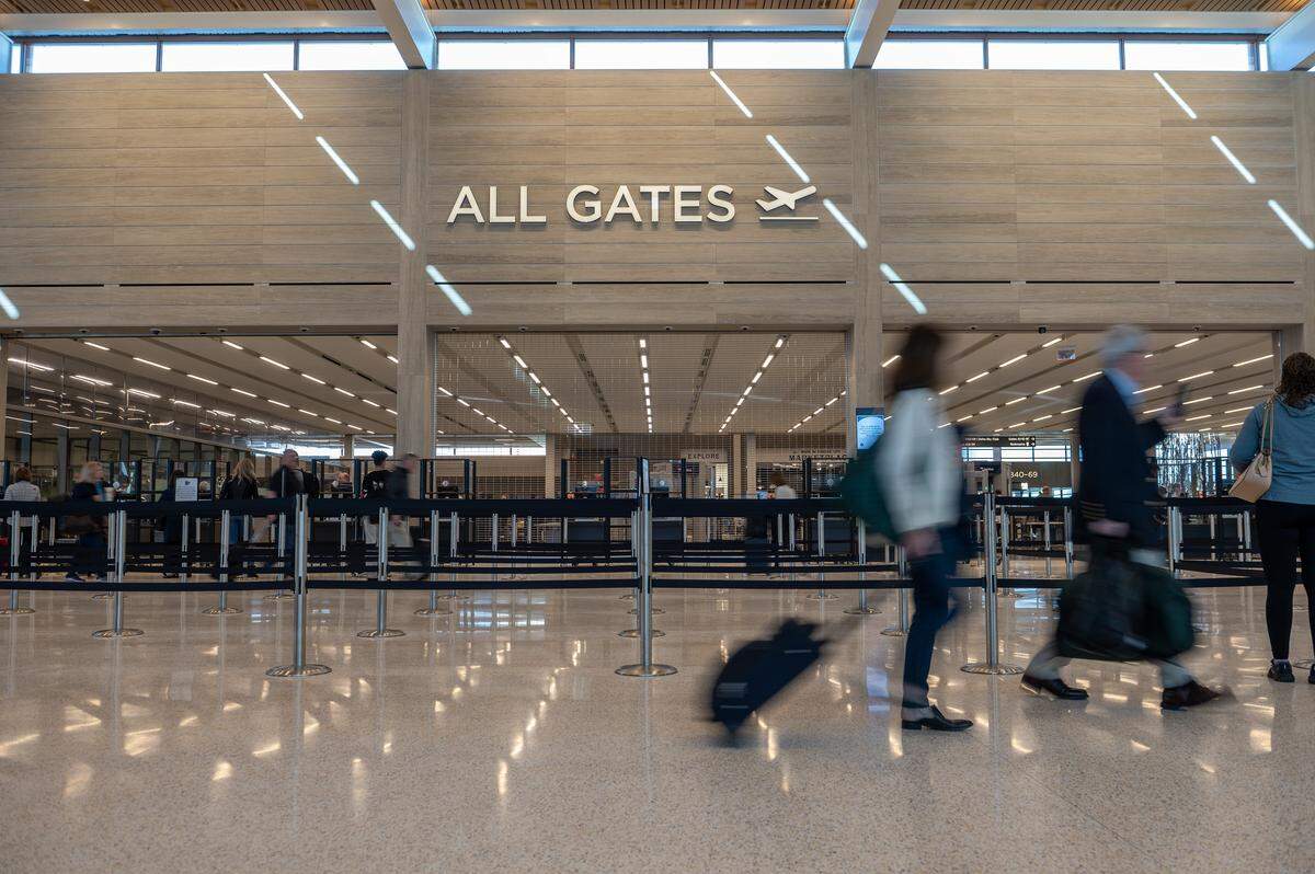 Entrance to the terminal ,opened in 2023, at Kansas City International Airport