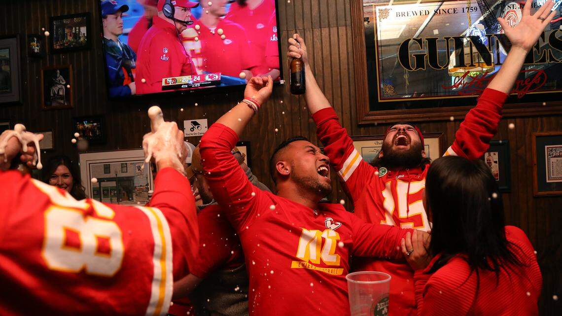 Kansas City fans cheer for the Chiefs at Kelly’s Westport Inn in the final minutes of the Super Bowl as they watch the team battle the San Francisco 49ers on Sunday, Feb. 2, 2020.
