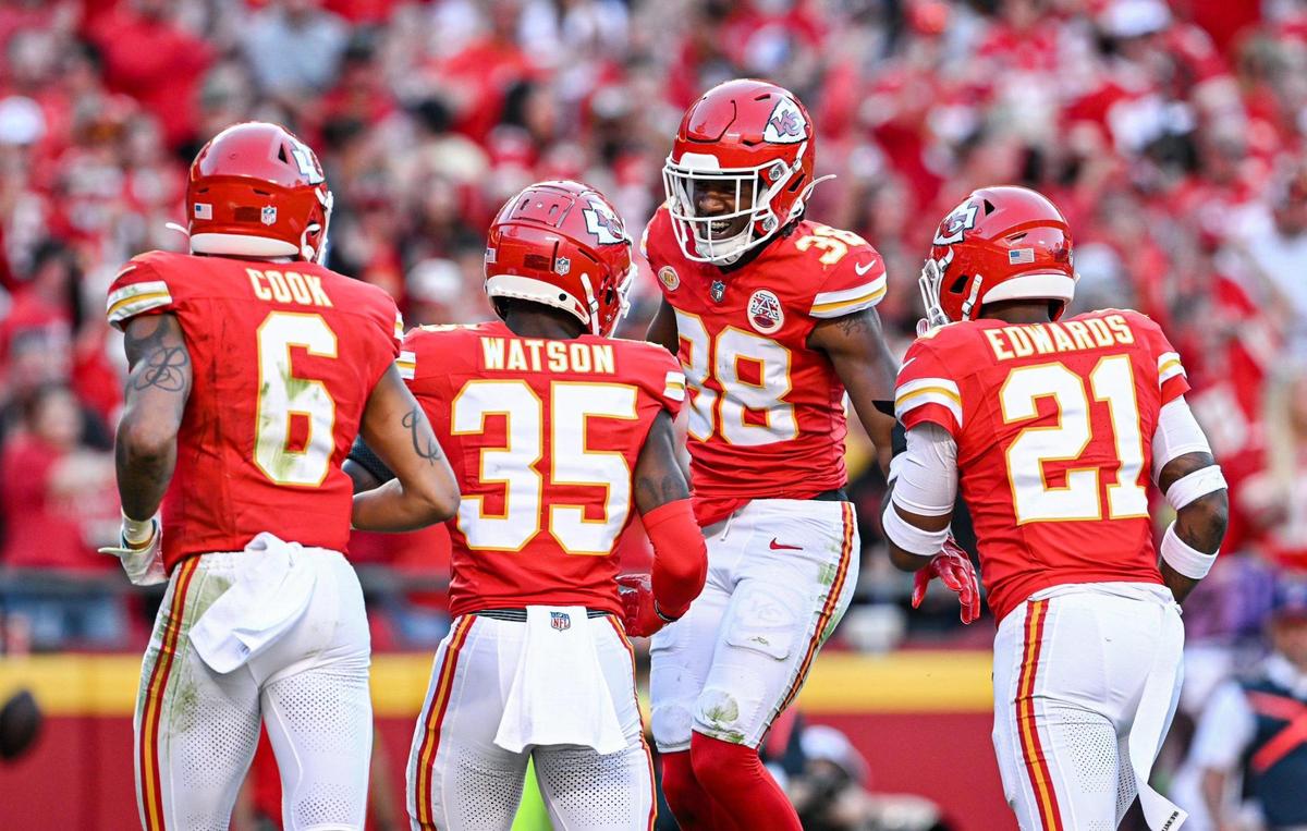 Kansas City Chiefs cornerback L’Jarius Sneed (38) celebrates with teammates after intercepting a pass by the Los Angeles Chargers in the second half Sunday, October 22, 2023, at GEHA Field at Arrowhead Stadium.