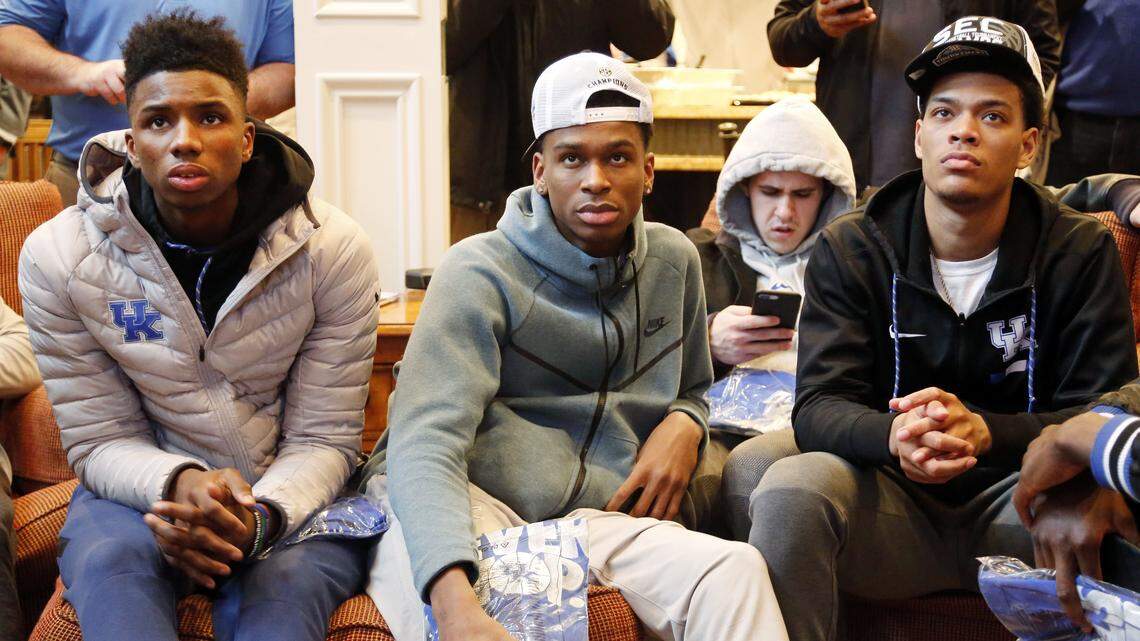 The looks of Kentucky players (from left) Hamidou Diallo, Shai Gilgeous-Alexander, Brad Calipari and Quade Green inadvertently represented the collective reaction of basketball fans to the TBS-orchestrated NCAA Tournament selection show on Sunday. Something like, what the heck are we watching?