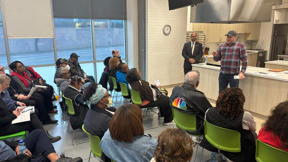 Will Lawrence, Gov. Laura Kelly’s chief of staff, urges opposition to a Republican-led tax plan during a town hall called by Sen. David Haley on Saturday.