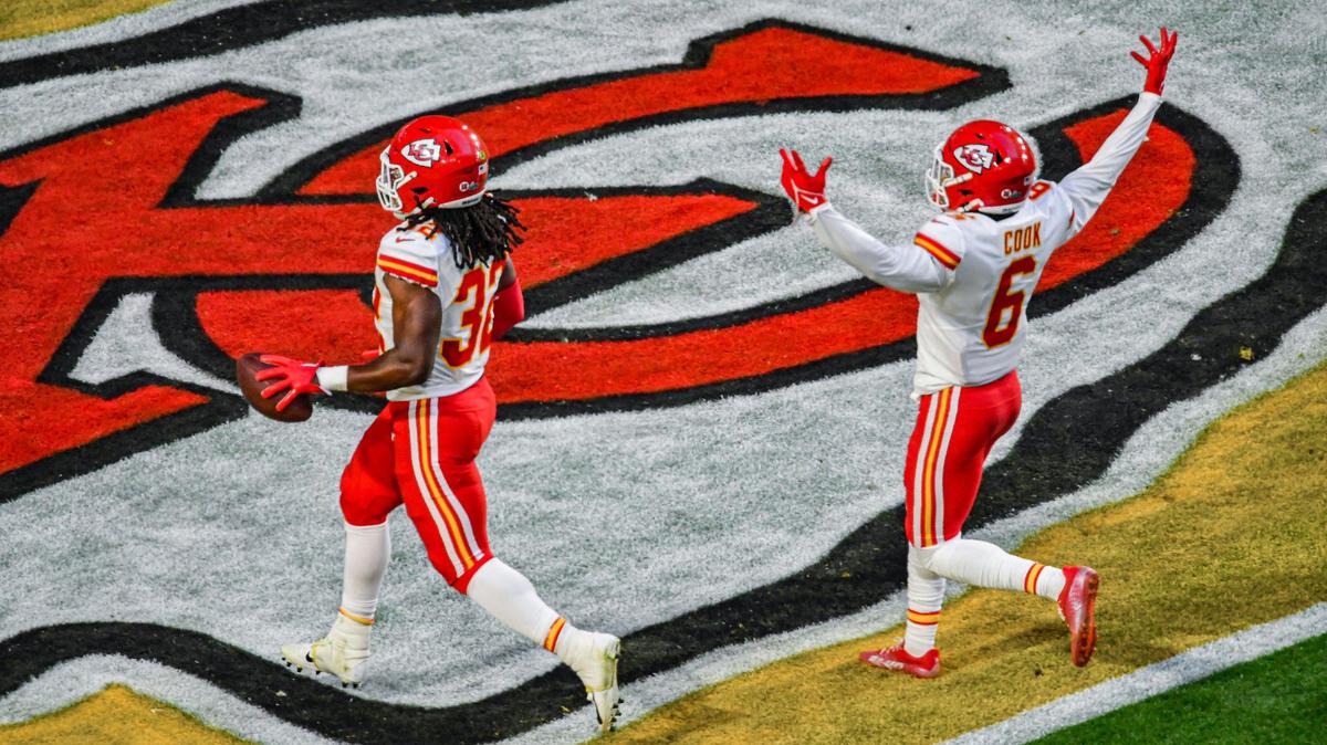 Chiefs safety Bryan Cook, right, celebrates as linebacker Nick Bolton runs in a fumble recovery for a touchdown during Super Bowl LVII on Sunday in Glendale, Ariz.