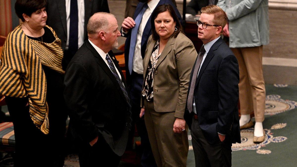 Senate President Dave Schatz and Majority Leader Caleb Rowden chat before the afternoon session on Feb. 23, as Missouri senators convene at the state capitol in Jefferson City.