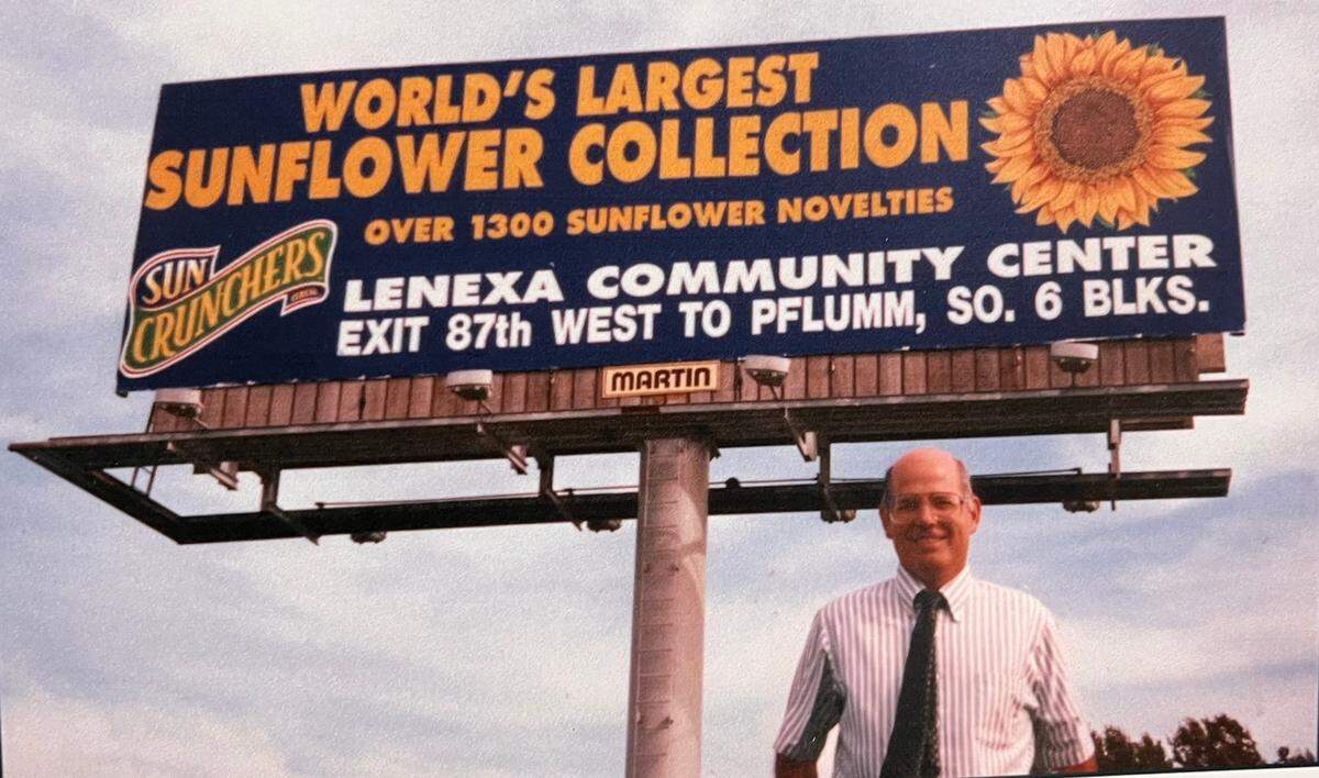As payment for lending some of his sunflower items to General Mills for a cereal promotion, Bill Nicks’ got a billboard inviting people to visit his collection in the mid-1990s.
