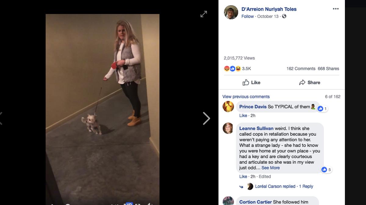 A white woman confronted D’Arreion Toles, who is black, as he tried to enter his luxury loft apartment building in downtown St. Louis. She tried to block his way in, questioning him on whether he lived there, then followed him to his apartment.