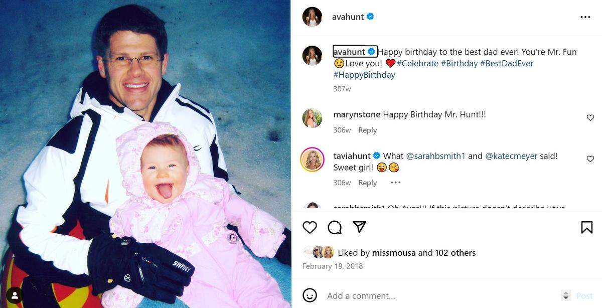 In 2018, Ava Hunt wished her dad Happy Birthday with this throwback picture. “You’re Mr. Fun,” she wrote.