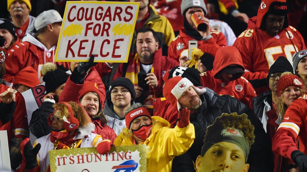 Fans celebrate after the Chiefs won the AFC Divisional Playoff game against the Buffalo Bills at GEHA Field at Arrowhead Stadium Sunday, Dec. 23, 2022. The Chiefs defeated the Bills in overtime, 42-36.