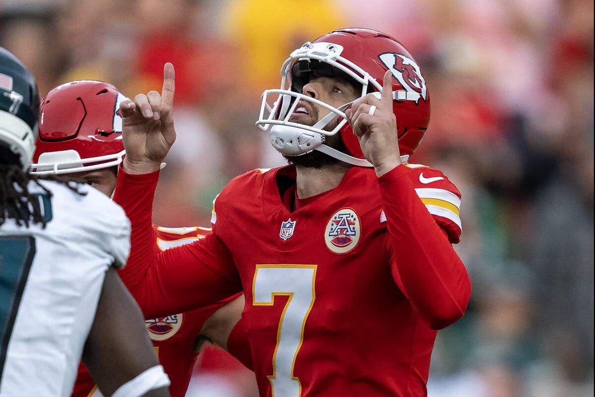 Kansas City Chiefs place kicker Harrison Butker (7) kicked an extra point during the second half against the Philadelphia Eagles at GEHA Field at Arrowhead Stadium on Sunday, Sept. 14, 2025, in Kansas City.