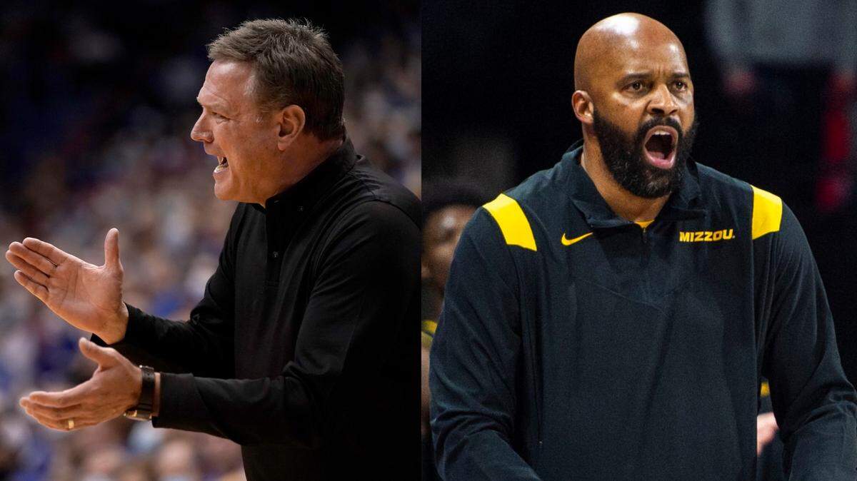 Kansas coach Bill Self, left, and his Jayhawks play host to the Missouri Tigers team coached by Cuonzo Martin, right, on Saturday in Lawrence, Kan.