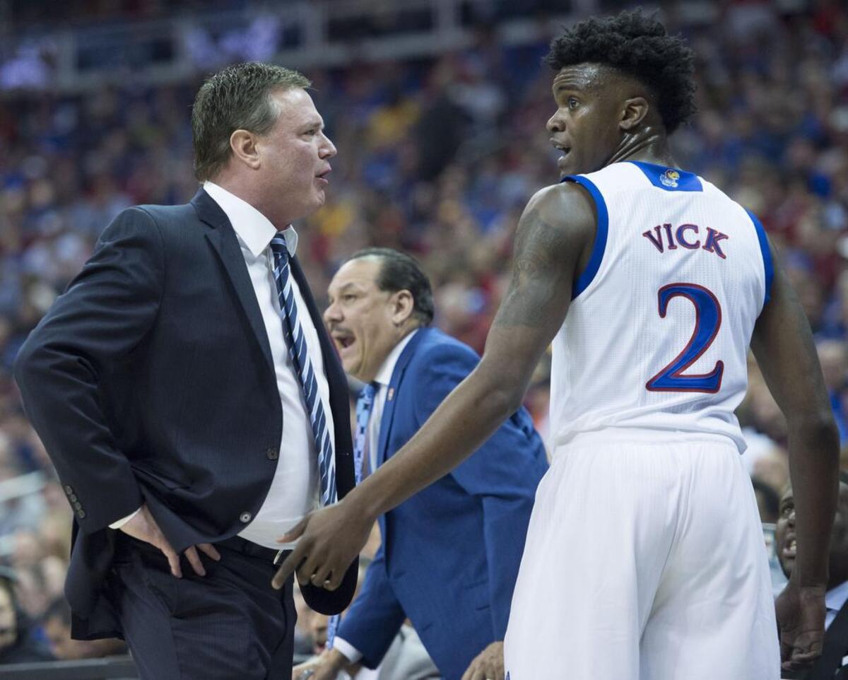 Kansas Jayhawks head coach Bill Self has some words for guard Lagerald Vick (2) as he walked to the bench in the fist half during a quarterfinal game at the Men’s Big 12 Basketball Championship vs. TCU at Sprint Center on Thursday, March 9, 2017, in Kansas City, Missouri.